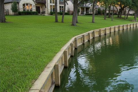 Treated wood bulkhead following curved shoreline contour