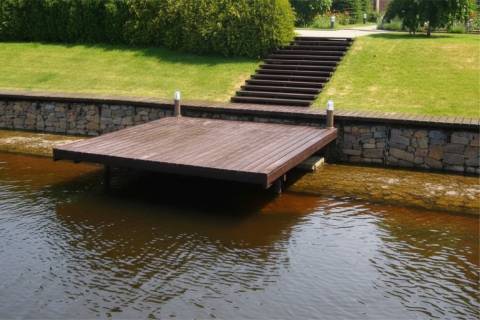 gabion bulkhead with wooden dock and walkway