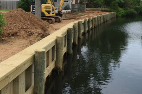 wooden retaining wall piling shoreline construction excavator
