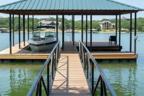 covered boat dock green roof gangway