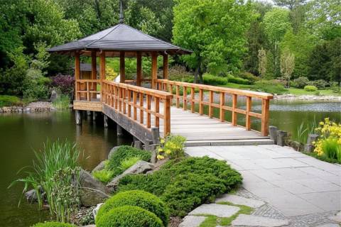 wooden bridge pagoda gazebo garden landscaping