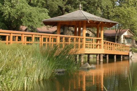 wooden bridge pagoda gazebo waterfront construction