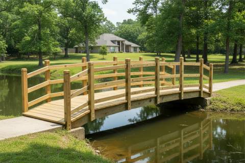 wooden bridge arched bridge garden path landscaping