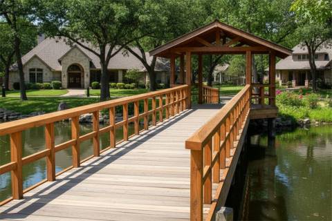 wooden bridge gazebo waterfront landscaping
